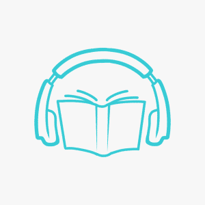 A cyan colored icon with a book in the center with headphones on each side, depicting an audiobook.