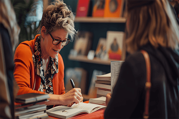 An woman writer with short hair wearing an orange sweater signing their book for a fan during a book signing event inside of a library.